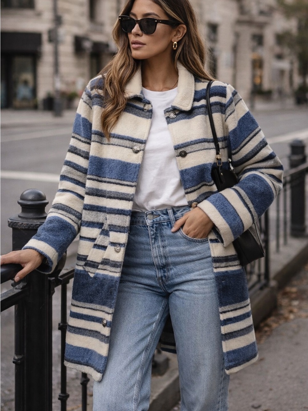 Vintage Woolrich Blue & Cream Striped Wool/Mohair Coat